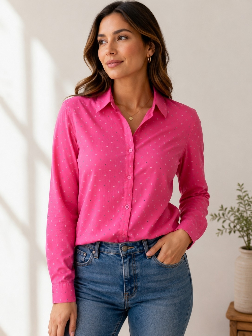 Merona Pink Button-Down Shirt with Subtle Dot Print